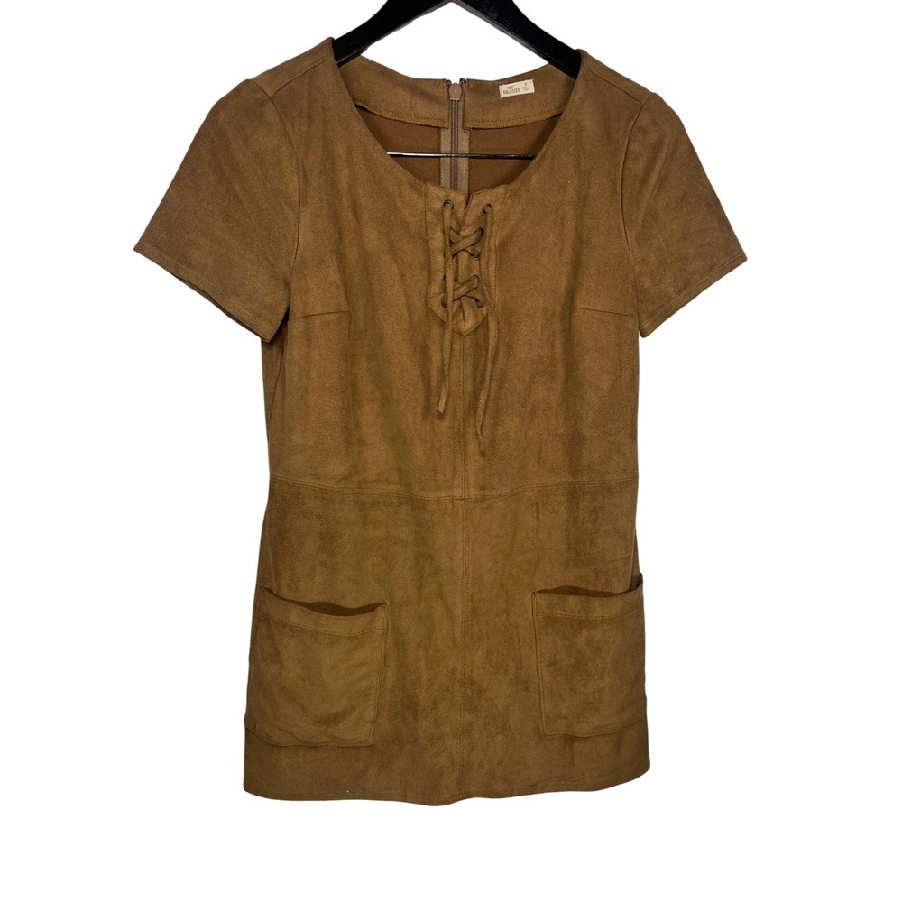 Hollister Faux Suede Lace Up Mini Dress M Western Boho‎ Festival Brown Pockets